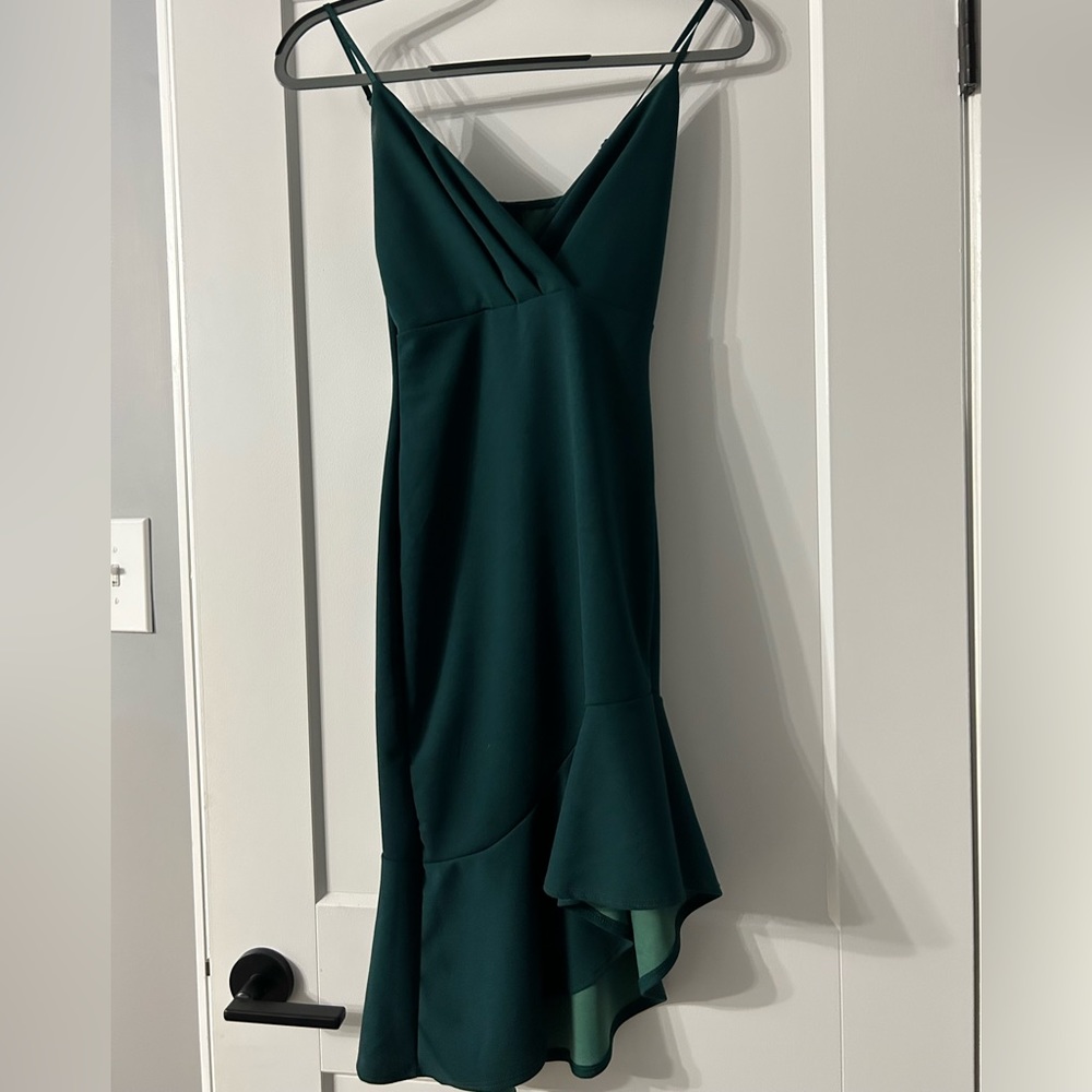 Hunter green asymmetrical midi dress
